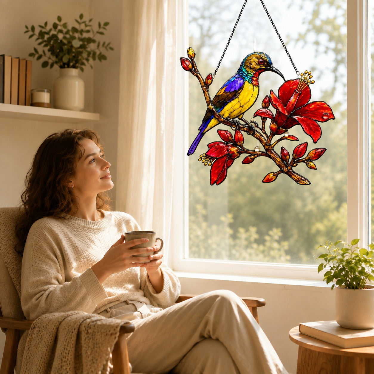 Sunbird & Red Hibiscus Branch Holographic Acrylic Suncatcher
