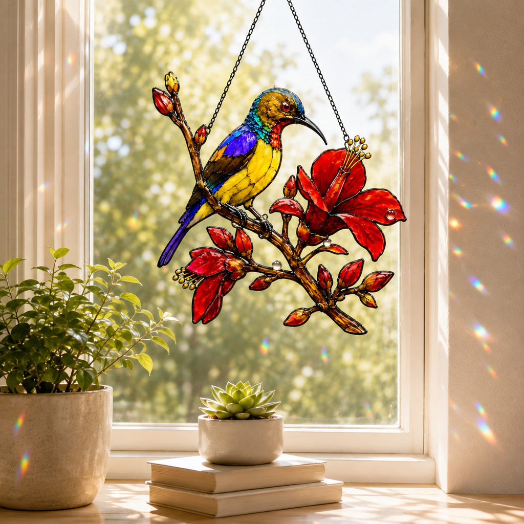Sunbird & Red Hibiscus Branch Holographic Acrylic Suncatcher