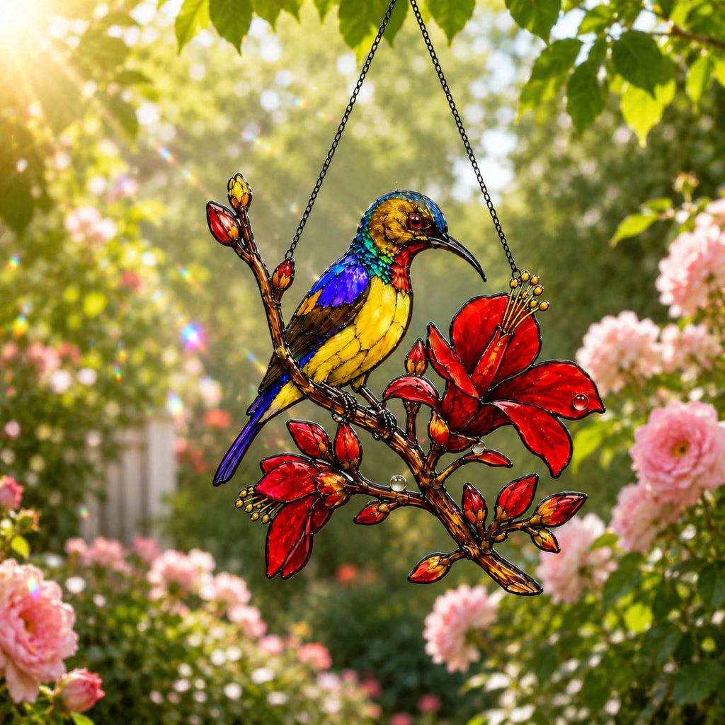Sunbird & Red Hibiscus Branch Holographic Acrylic Suncatcher