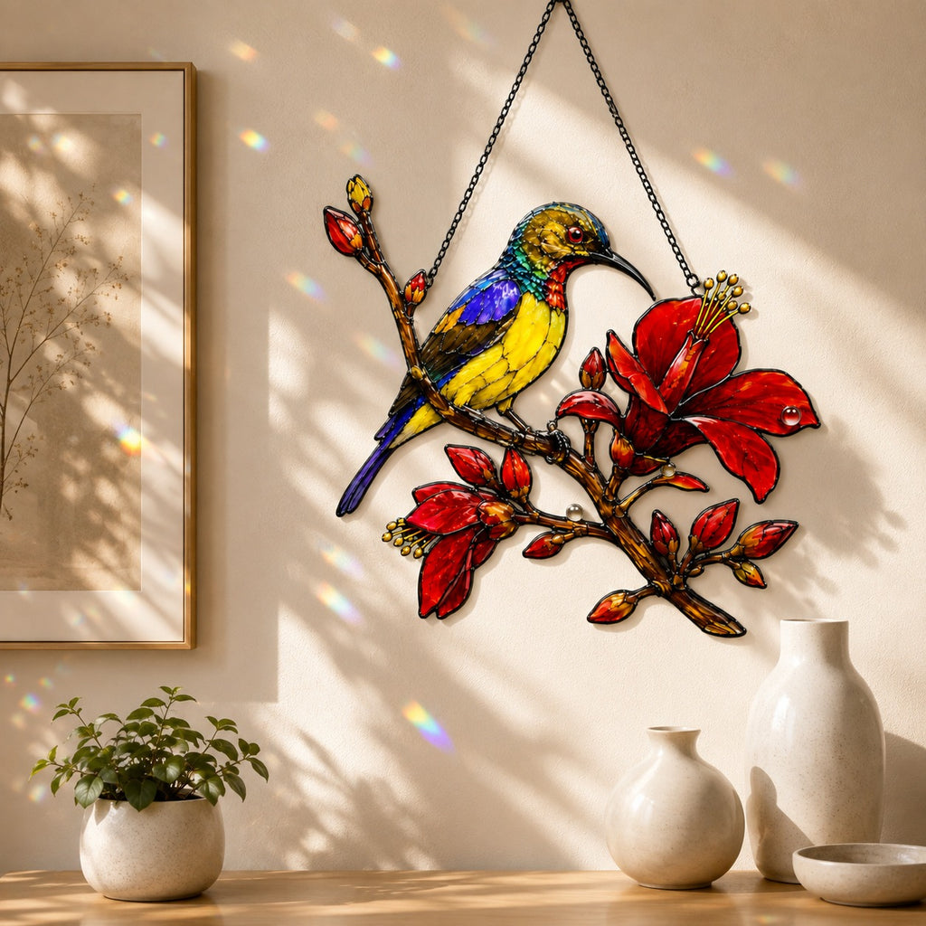 Sunbird & Red Hibiscus Branch Holographic Acrylic Suncatcher
