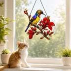 Sunbird & Red Hibiscus Branch Holographic Acrylic Suncatcher