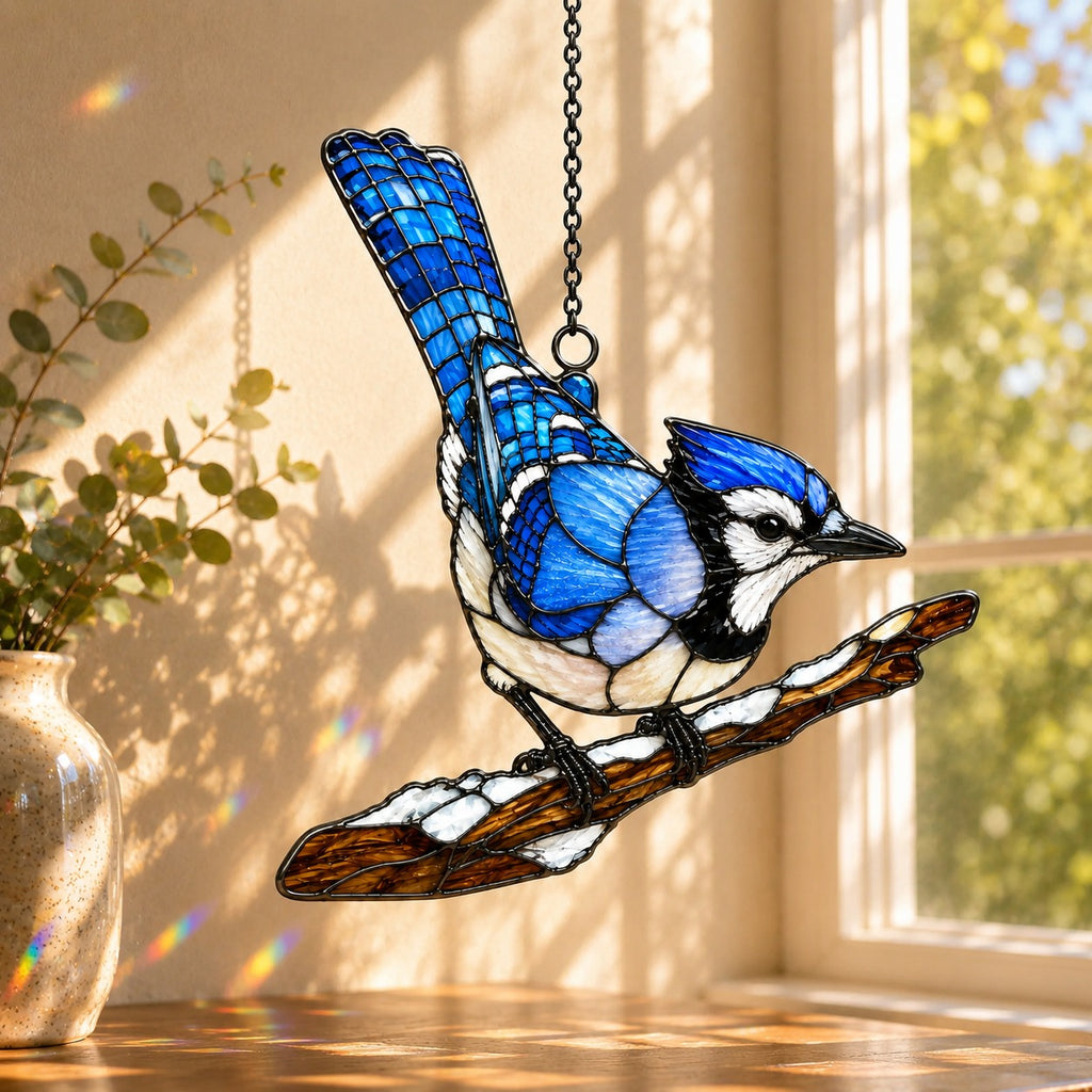 Stained glass style suncatcher with a blue jay on a snowy branch, hanging in a sunlit window with rainbow light
