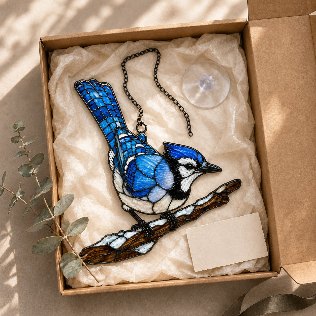 Blue Jay on Snowy Branch Holographic Acrylic Suncatcher