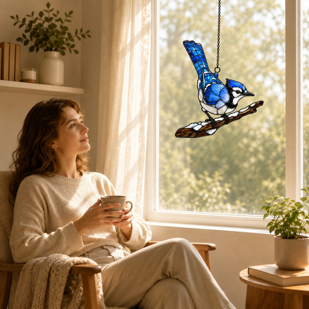 Blue Jay on Snowy Branch Holographic Acrylic Suncatcher