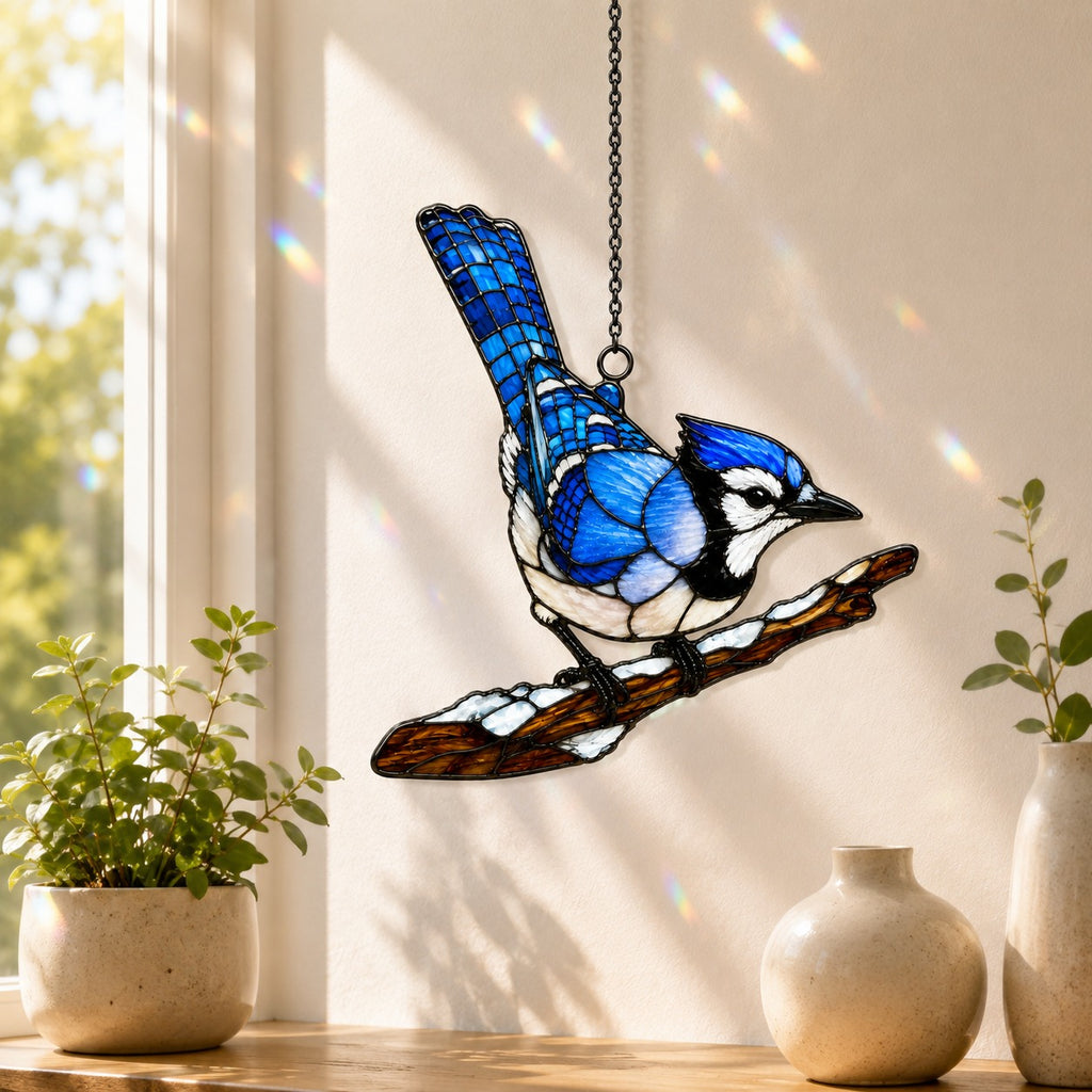 Blue Jay on Snowy Branch Holographic Acrylic Suncatcher