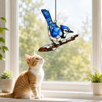Blue Jay on Snowy Branch Holographic Acrylic Suncatcher