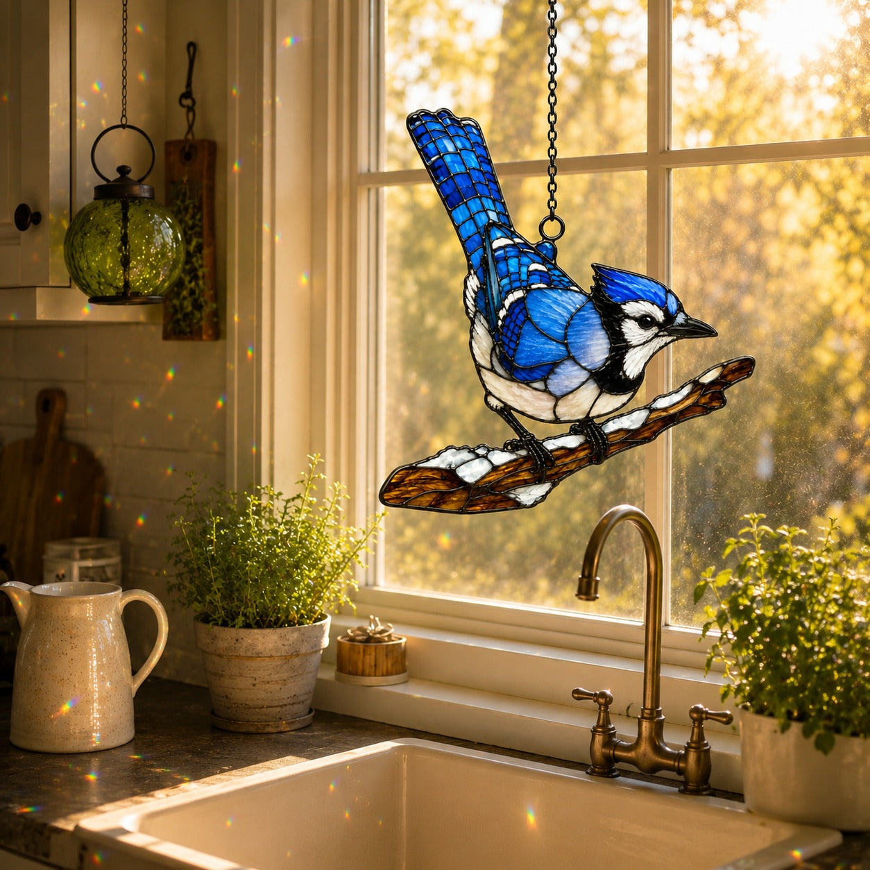 Blue Jay on Snowy Branch Holographic Acrylic Suncatcher
