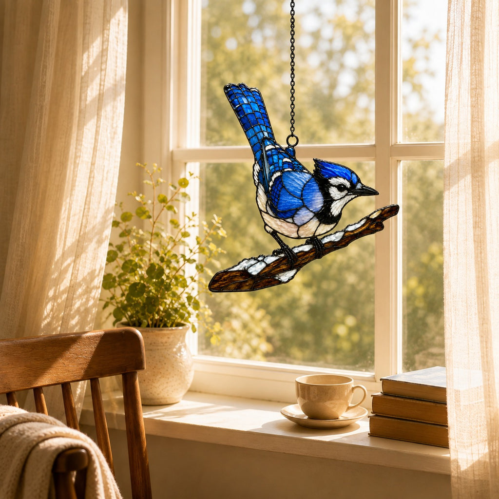 Blue Jay on Snowy Branch Holographic Acrylic Suncatcher
