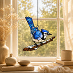 Blue Jay on Snowy Branch Holographic Acrylic Suncatcher