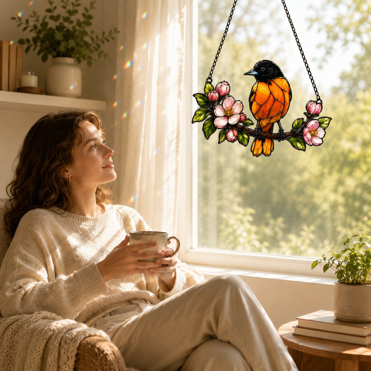 Baltimore Oriole & Apple Blossom Branch Holographic Acrylic Suncatcher