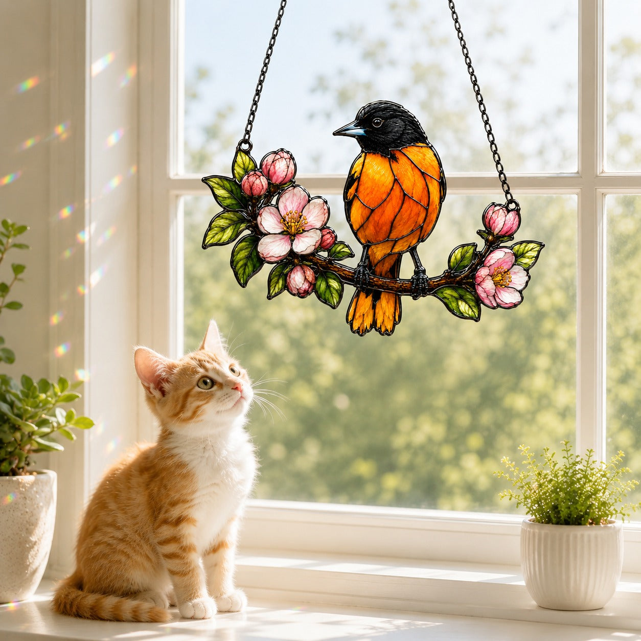 Baltimore Oriole & Apple Blossom Branch Holographic Acrylic Suncatcher