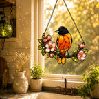 Baltimore Oriole & Apple Blossom Branch Holographic Acrylic Suncatcher