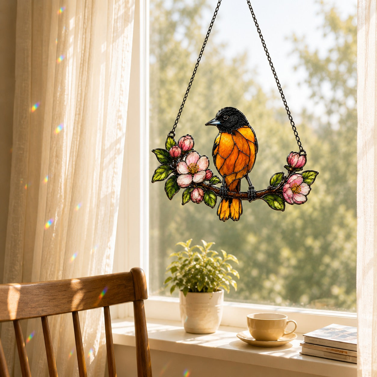 Baltimore Oriole & Apple Blossom Branch Holographic Acrylic Suncatcher