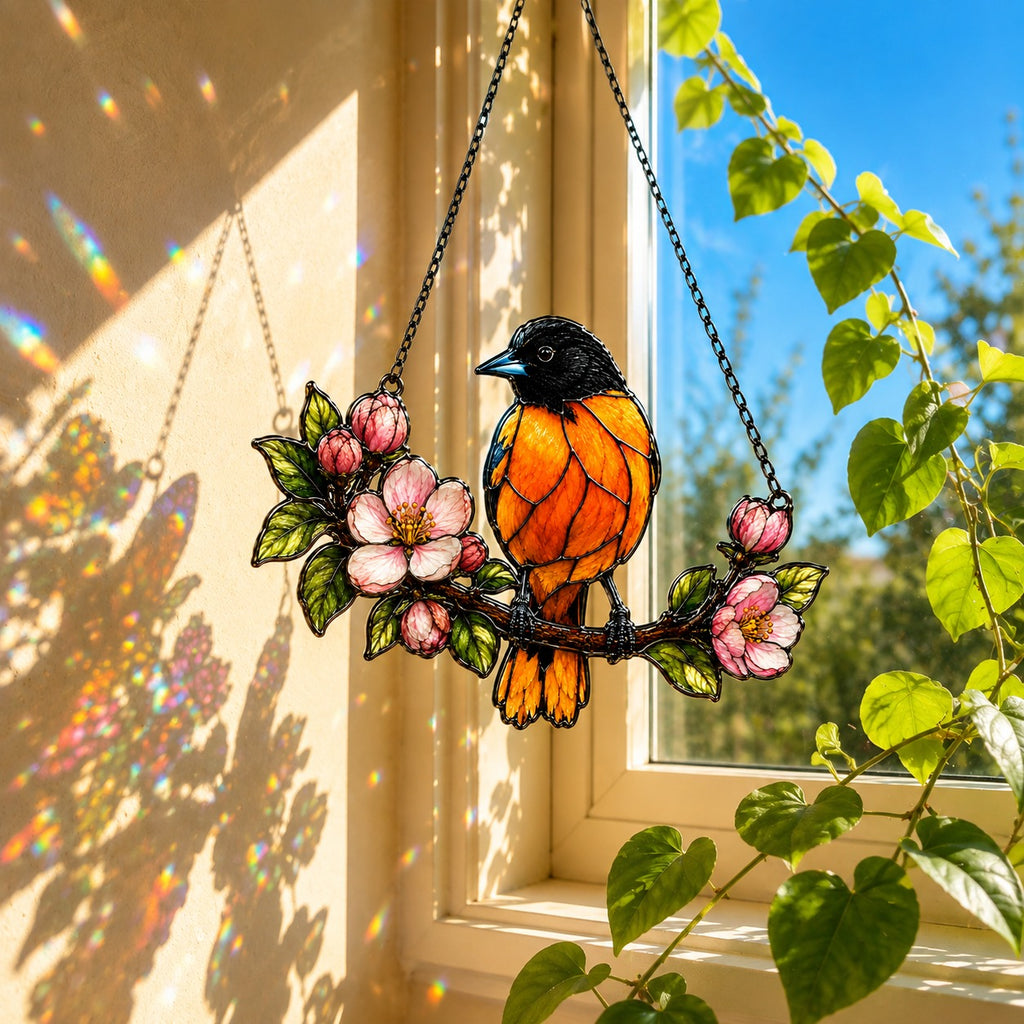 Baltimore Oriole & Apple Blossom Branch Holographic Acrylic Suncatcher