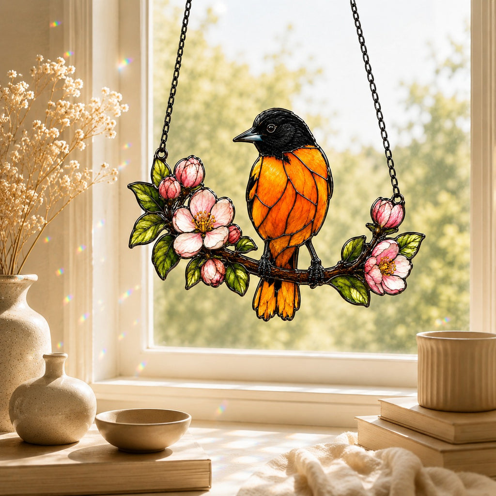 Baltimore Oriole & Apple Blossom Branch Holographic Acrylic Suncatcher
