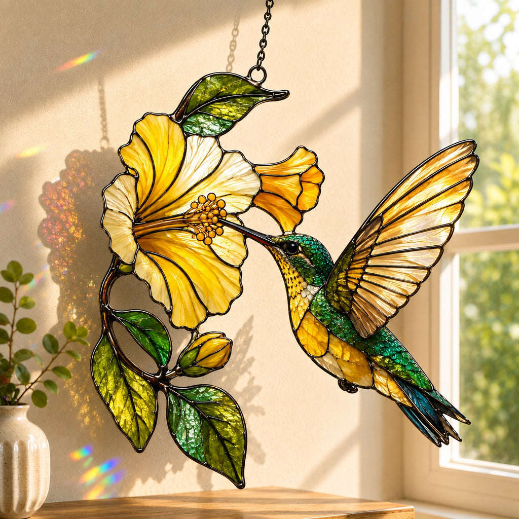 Stained glass style suncatcher with a hummingbird beside a yellow hibiscus flower, hanging in a sunlit window with rainbow light