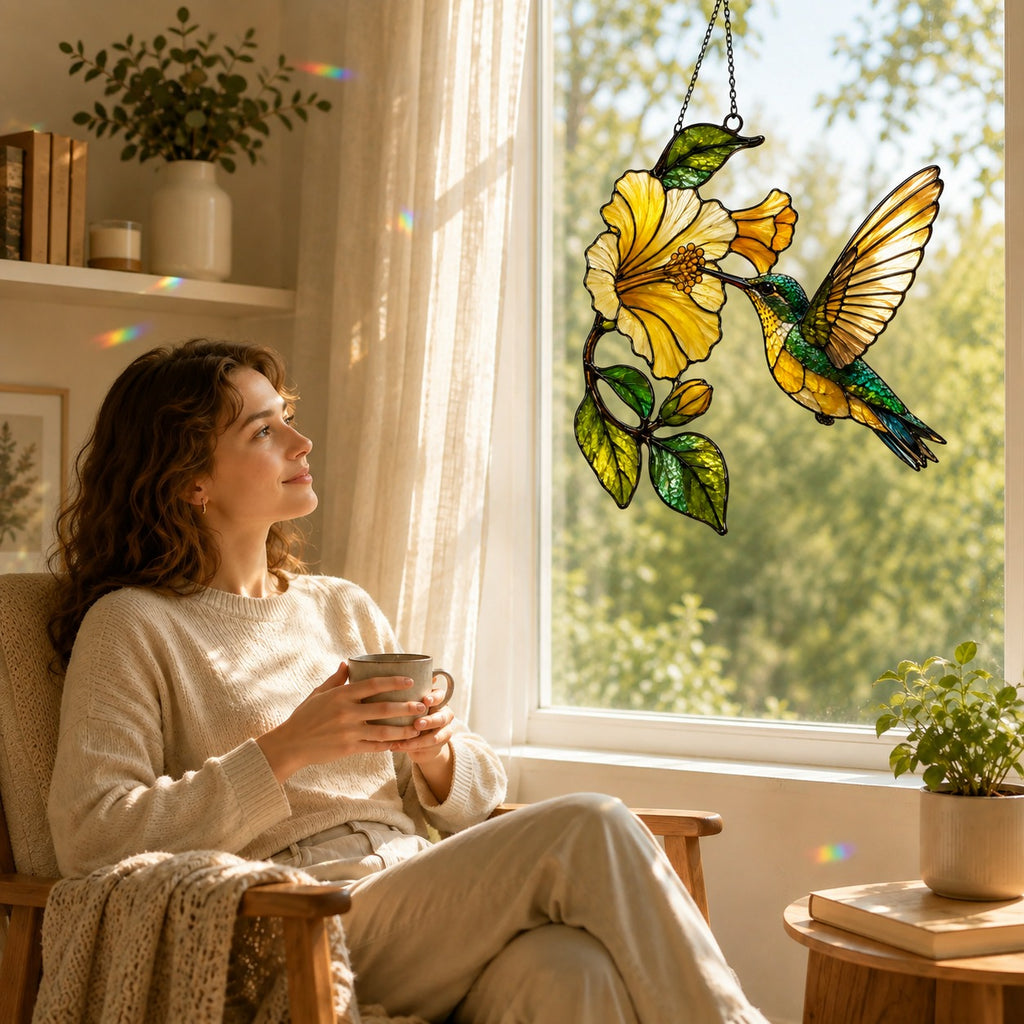 Hummingbird & Yellow Hibiscus Holographic Acrylic Suncatcher