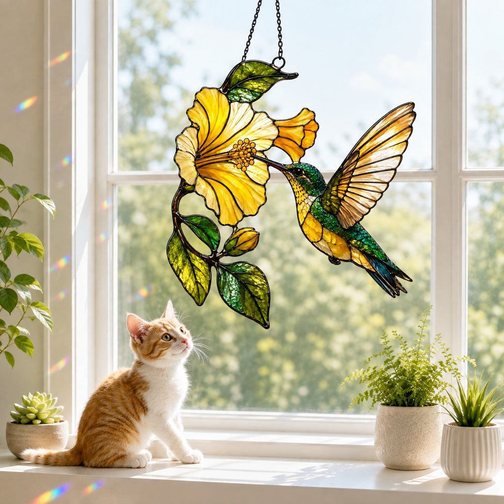Hummingbird & Yellow Hibiscus Holographic Acrylic Suncatcher