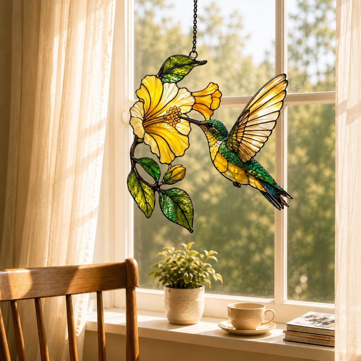 Hummingbird & Yellow Hibiscus Holographic Acrylic Suncatcher