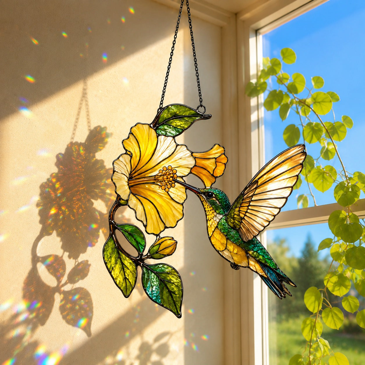 Hummingbird & Yellow Hibiscus Holographic Acrylic Suncatcher
