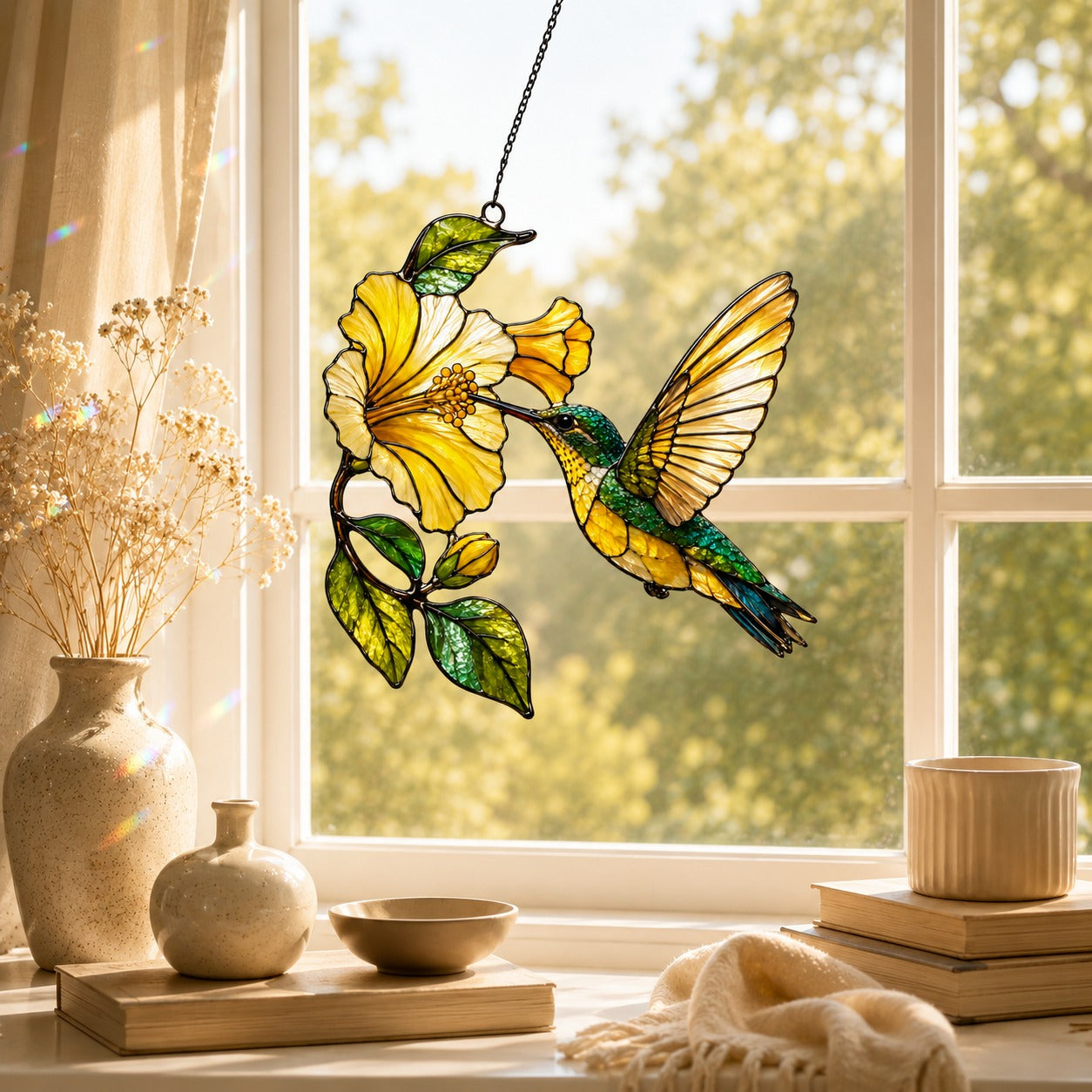 Hummingbird & Yellow Hibiscus Holographic Acrylic Suncatcher