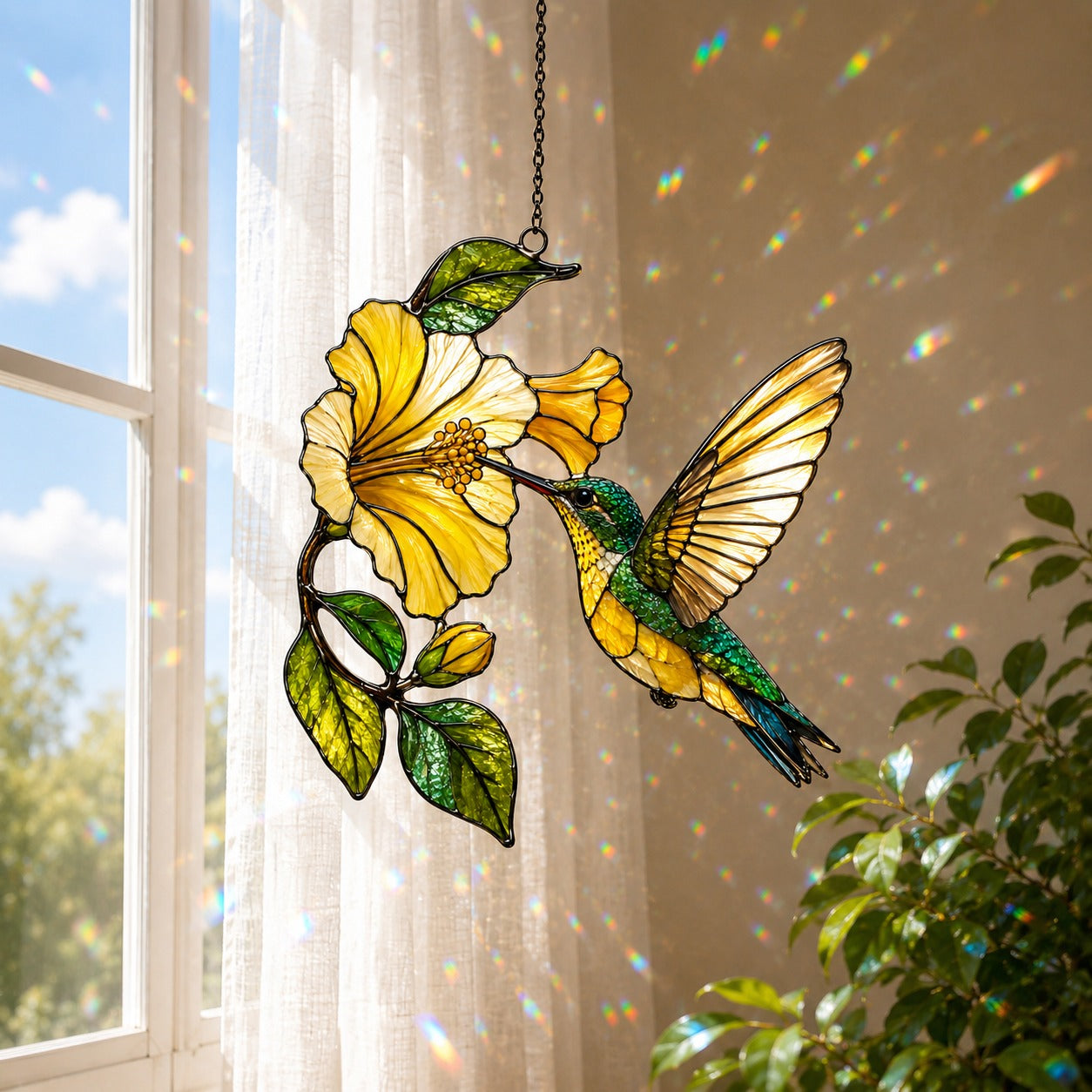 Hummingbird & Yellow Hibiscus Holographic Acrylic Suncatcher