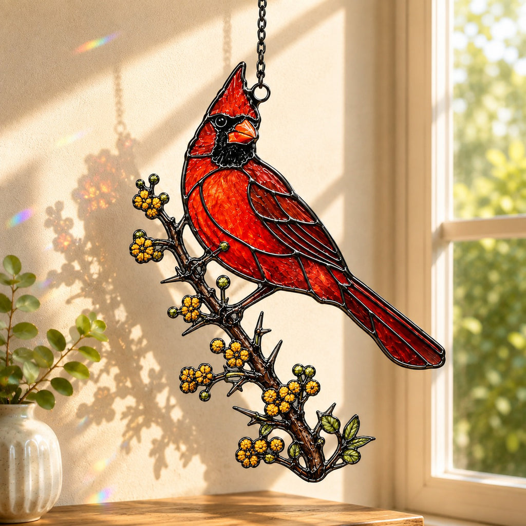 Stained glass style suncatcher with a red northern cardinal on a branch of golden berries, hanging in a sunlit window with rainbow light