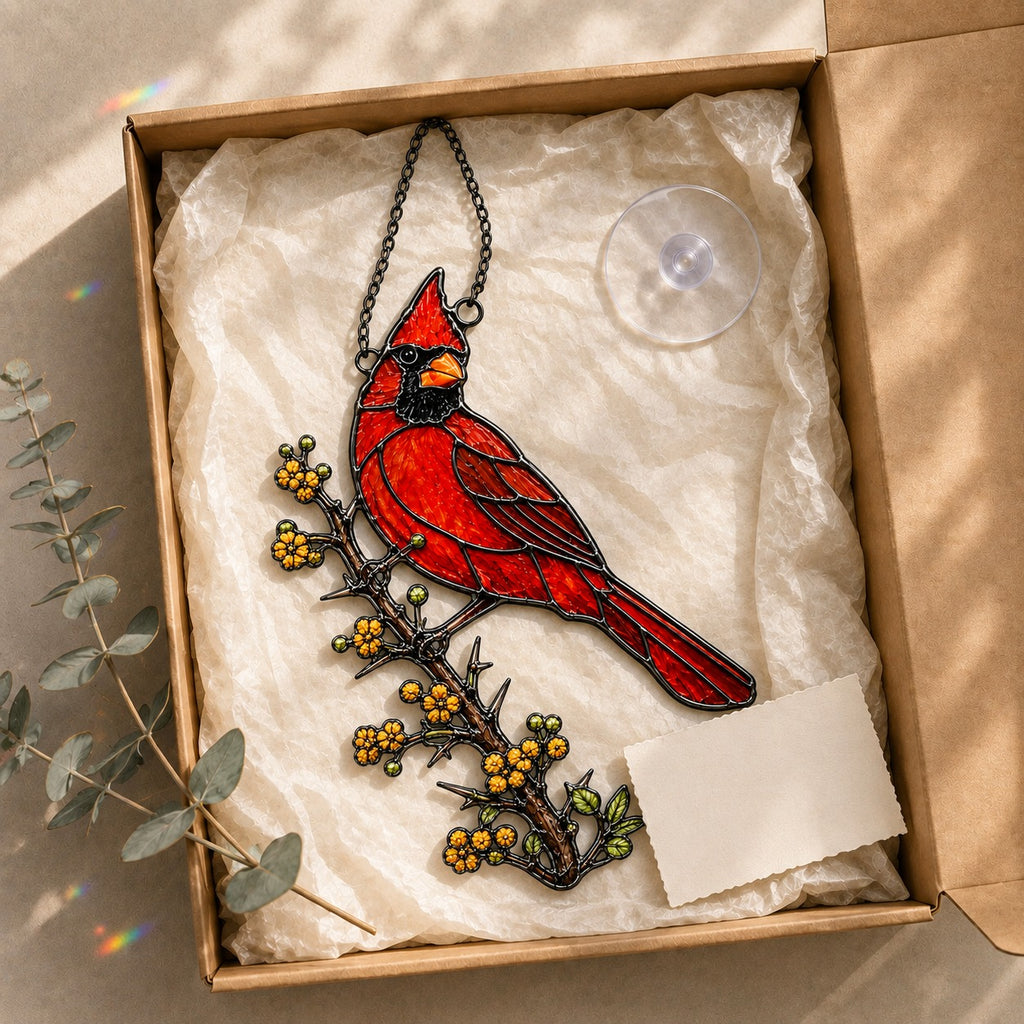 Northern Cardinal & Golden Berry Branch Holographic Acrylic Suncatcher