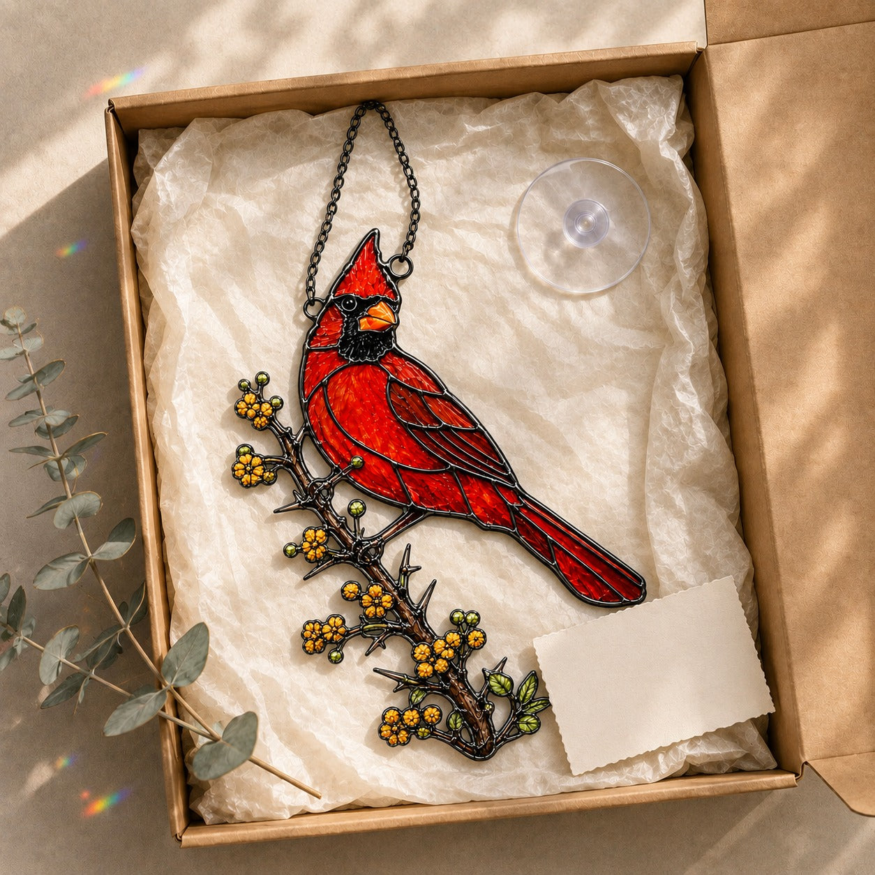 Northern Cardinal & Golden Berry Branch Holographic Acrylic Suncatcher
