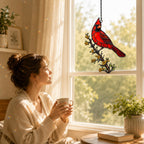 Northern Cardinal & Golden Berry Branch Holographic Acrylic Suncatcher