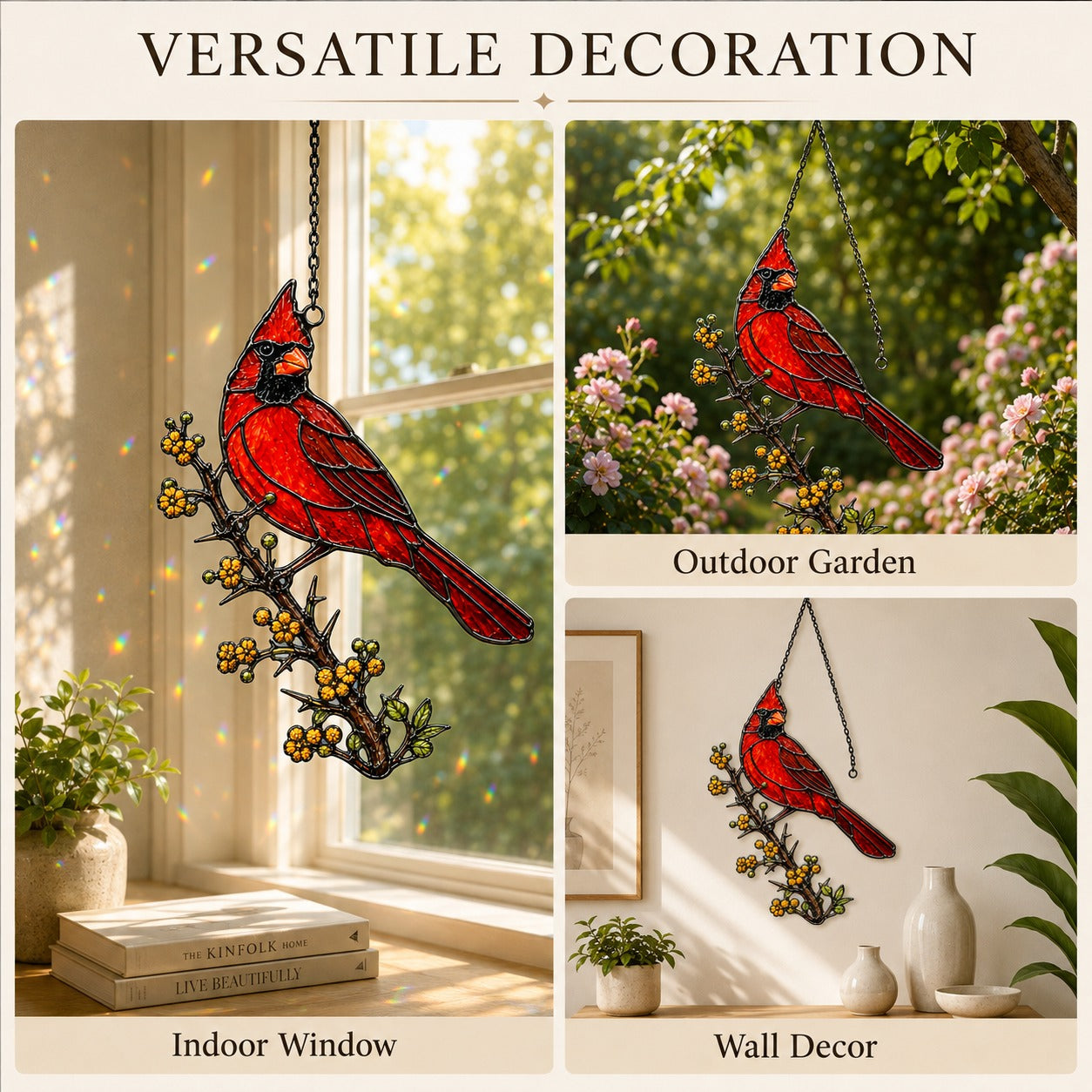 Northern Cardinal & Golden Berry Branch Holographic Acrylic Suncatcher