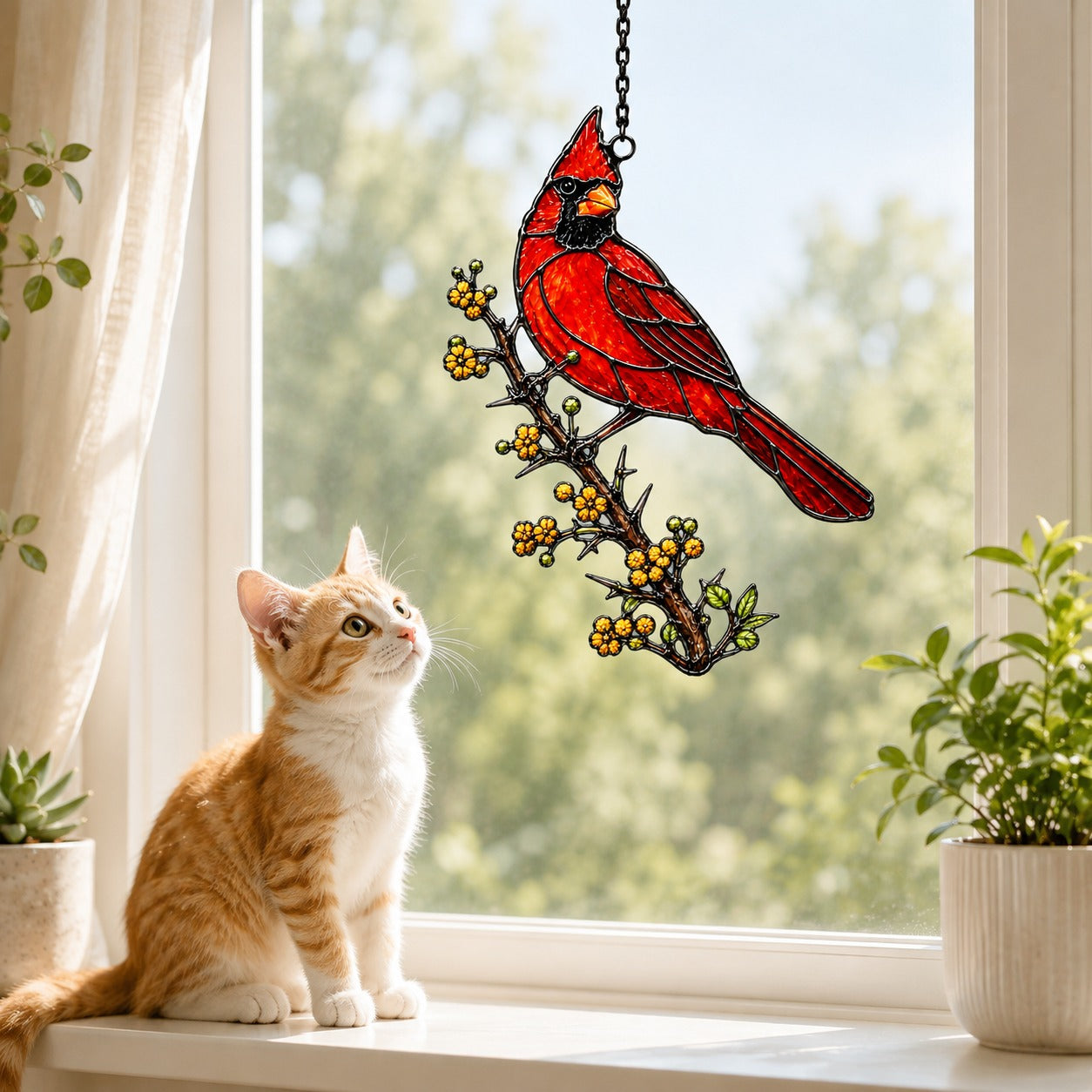 Northern Cardinal & Golden Berry Branch Holographic Acrylic Suncatcher