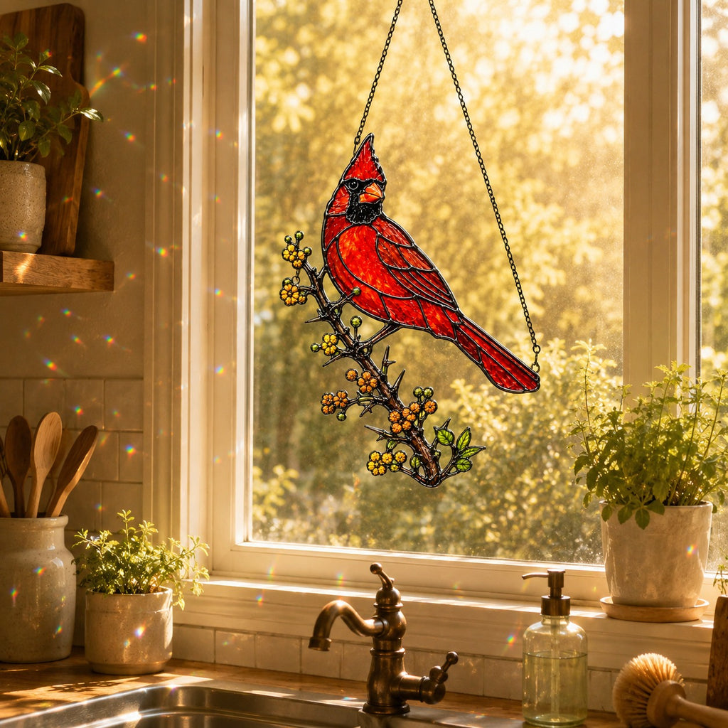 Northern Cardinal & Golden Berry Branch Holographic Acrylic Suncatcher