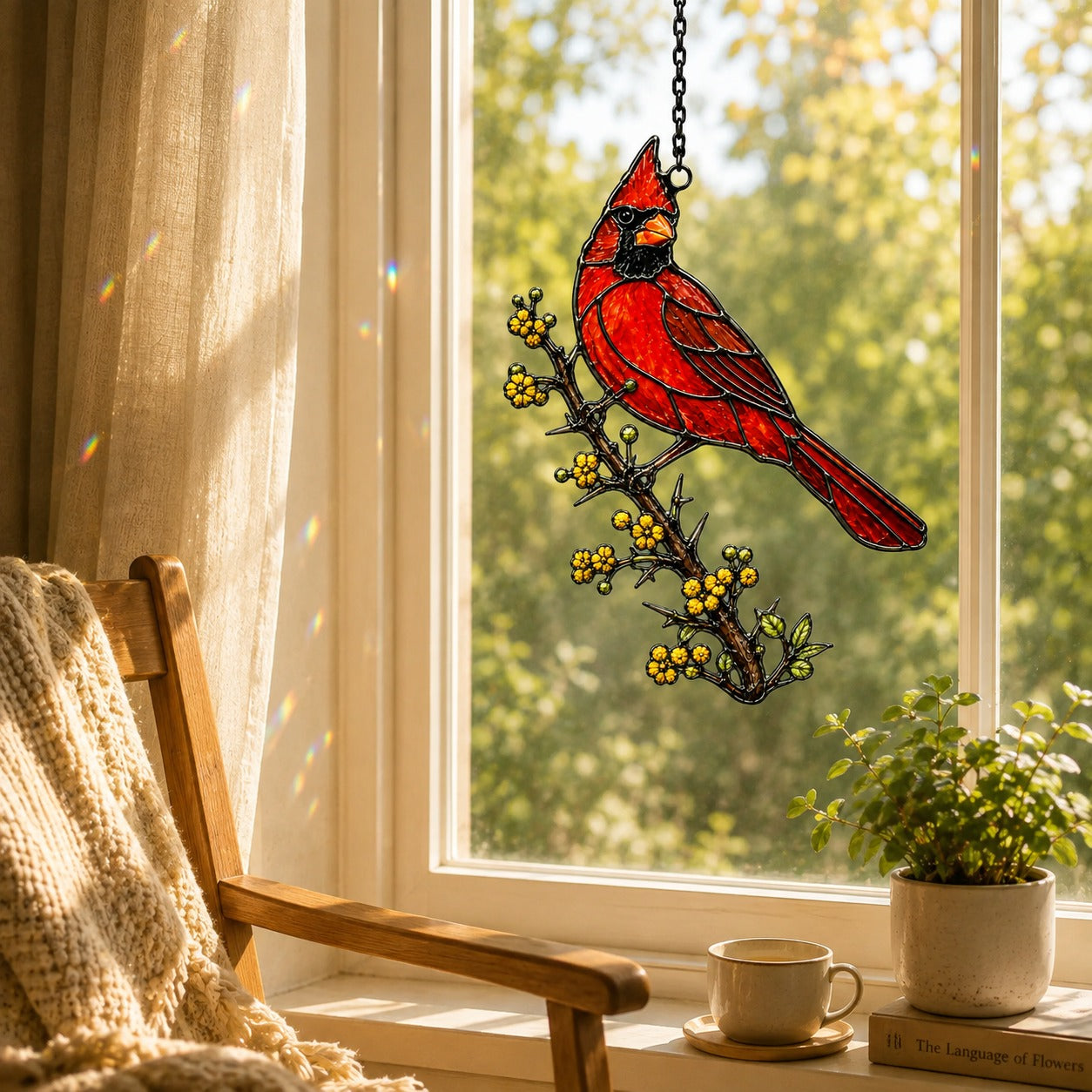 Northern Cardinal & Golden Berry Branch Holographic Acrylic Suncatcher