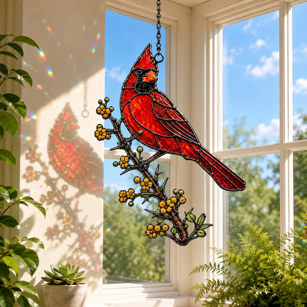 Northern Cardinal & Golden Berry Branch Holographic Acrylic Suncatcher