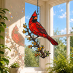 Northern Cardinal & Golden Berry Branch Holographic Acrylic Suncatcher