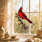 Northern Cardinal & Golden Berry Branch Holographic Acrylic Suncatcher