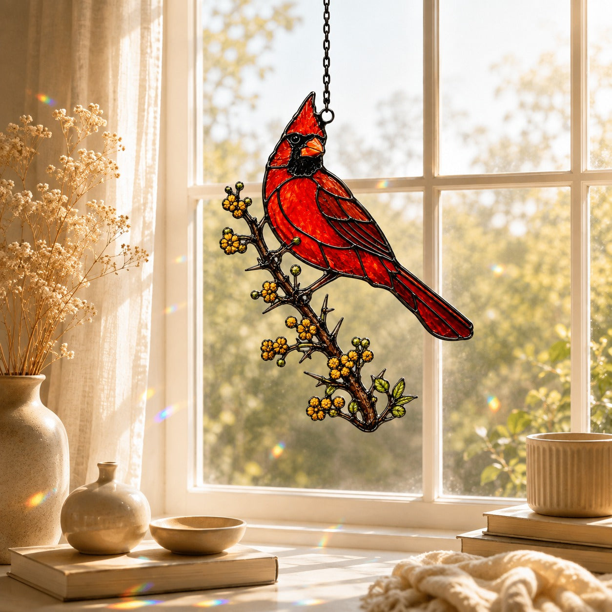 Northern Cardinal & Golden Berry Branch Holographic Acrylic Suncatcher