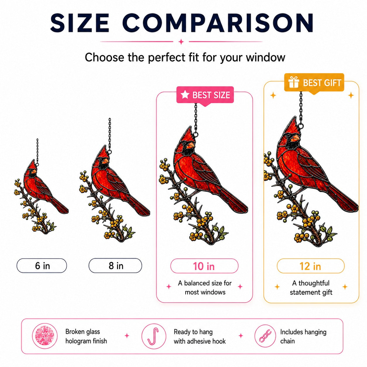 Northern Cardinal & Golden Berry Branch Holographic Acrylic Suncatcher