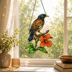 Stained glass style suncatcher with a songbird perched above orange hibiscus flowers, hanging in a sunlit window with rainbow light