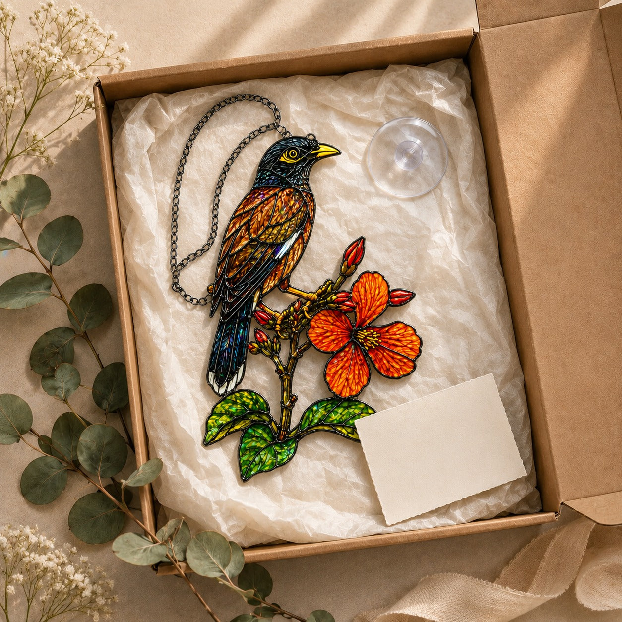 Songbird & Orange Hibiscus Holographic Acrylic Suncatcher