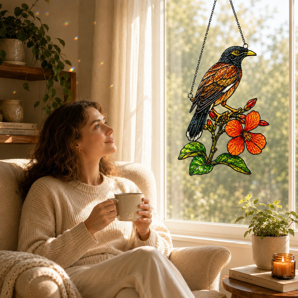 Songbird & Orange Hibiscus Holographic Acrylic Suncatcher