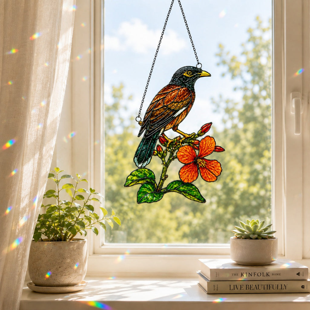 Songbird & Orange Hibiscus Holographic Acrylic Suncatcher