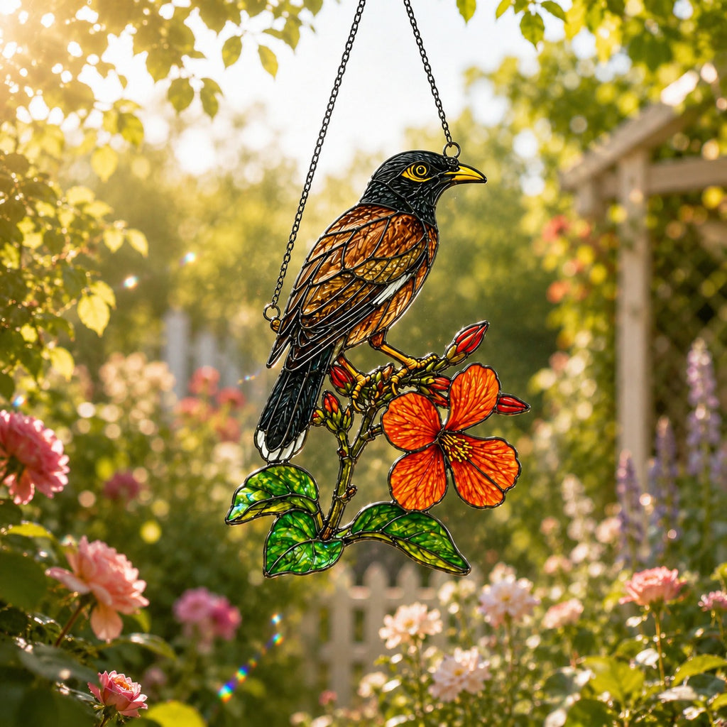 Songbird & Orange Hibiscus Holographic Acrylic Suncatcher
