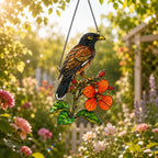 Songbird & Orange Hibiscus Holographic Acrylic Suncatcher
