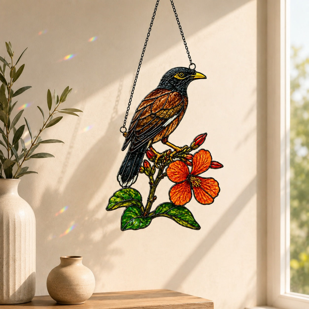 Songbird & Orange Hibiscus Holographic Acrylic Suncatcher