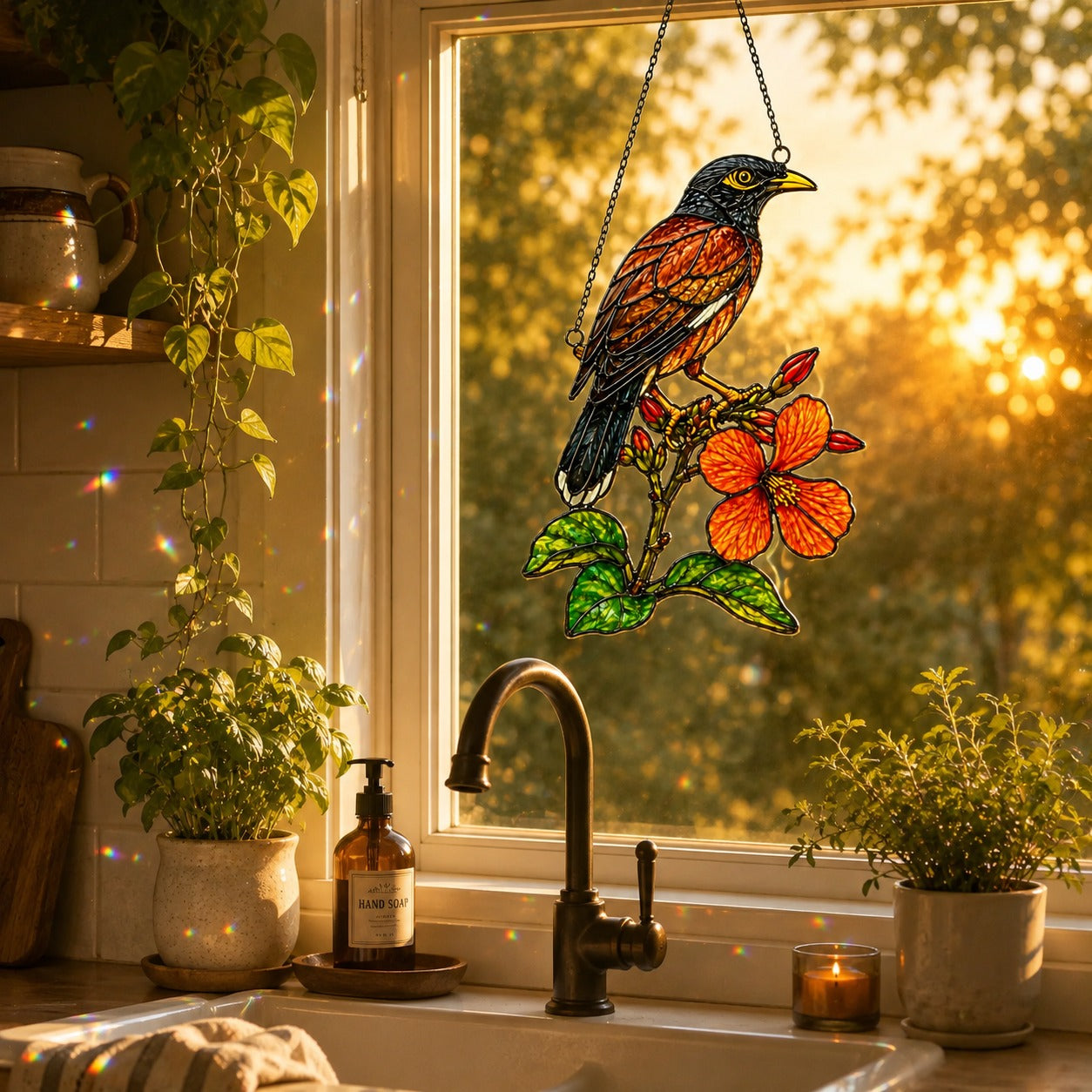 Songbird & Orange Hibiscus Holographic Acrylic Suncatcher