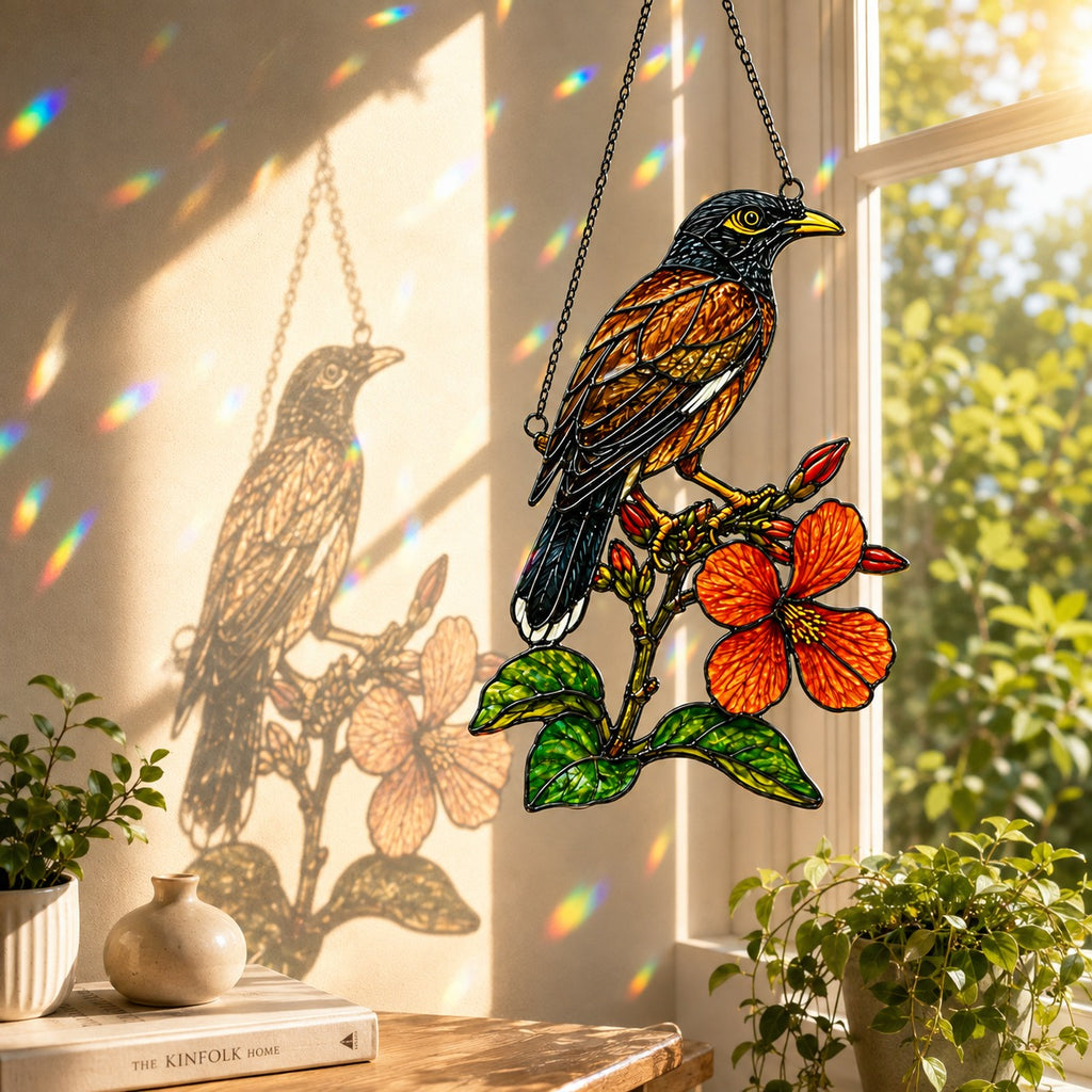 Songbird & Orange Hibiscus Holographic Acrylic Suncatcher