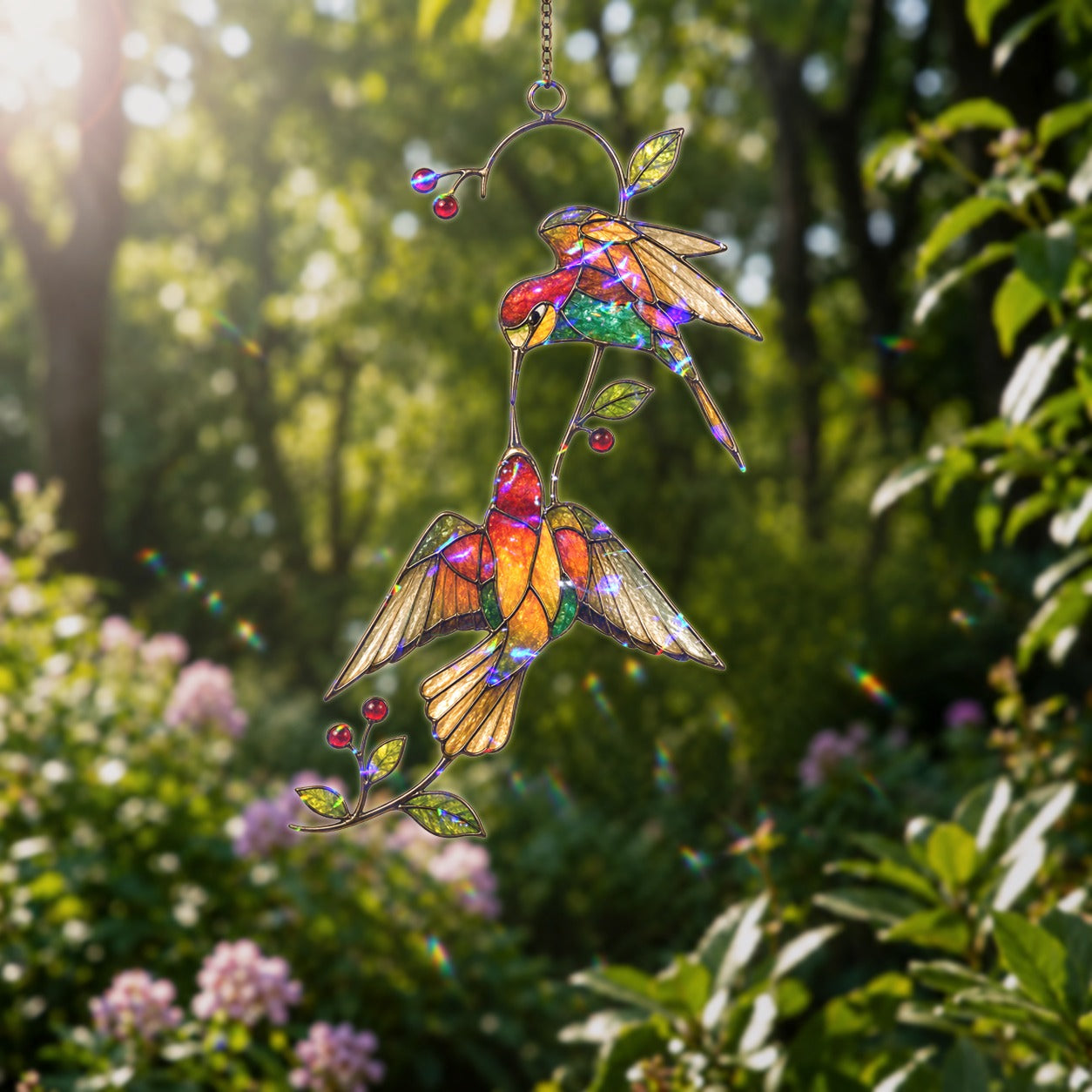 Stained glass style suncatcher with two hummingbirds on a red berry branch, hanging in a sunlit window with rainbow light