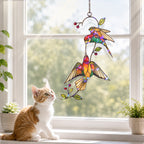 Hummingbird Pair & Red Berry Branch Holographic Acrylic Suncatcher